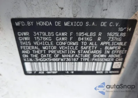 2015 Honda Fit Ex/Ex-L from USA, damaged, VIN 3HGGK5H86FM736187